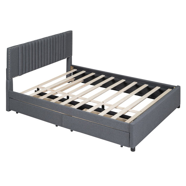English Elm Queen Upholstered Platform Bed with Classic Headboard, 2 Storage Drawers & Large Twin Trundle for Extra Sleep Space and Durable Slat Support Gray SF000015AAE