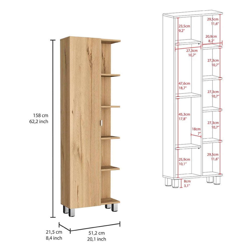 English Elm Corner Storage Cabinet with Five Open Shelves Single Door Smoky Oak Wood Finish B092123109