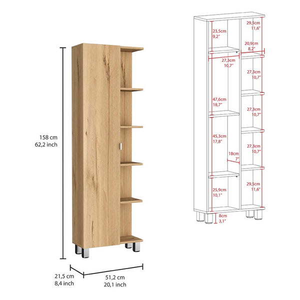 English Elm Corner Storage Cabinet with Five Open Shelves Single Door Smoky Oak Wood Finish B092123109
