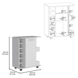 English Elm Bar Cart With Six-Wine Cubbies Cabot, Two-Side Storage Shelves and Casters, White Finish