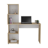 English Elm Computer Desk Jayess With Four-Tier Storage Shelves, Light Oak / White