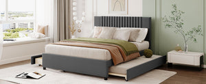 English Elm Queen Upholstered Platform Bed with Classic Headboard, 2 Storage Drawers & Large Twin Trundle for Extra Sleep Space and Durable Slat Support Gray SF000015AAE