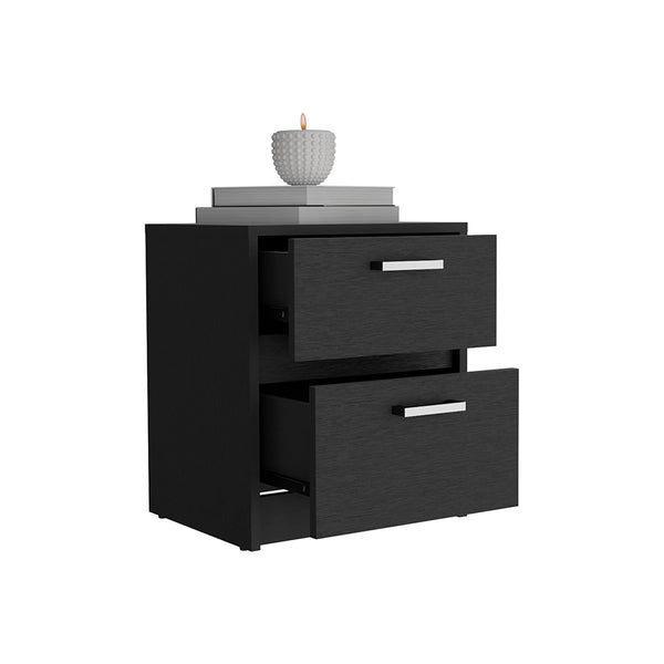English Elm Nightstand With Chequered Front, Two Drawers, Modern Black Wengue Finish For Stylish Storage Solutions B092123119