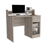 English Elm Computer Desk Delmar With Open Storage Shelves and Single Drawer, Light Gray Finish