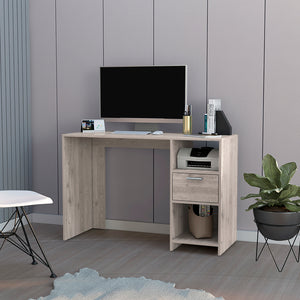 English Elm Computer Desk Odessa With Single Drawer and Open Storage Cabinets, Light Gray Finish