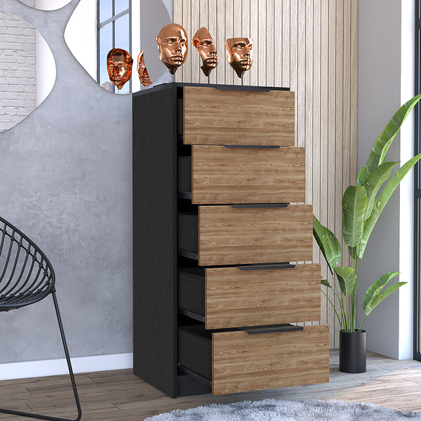 English Elm 5 Drawers Dresser Maryland - Black Wengue & Pine Finish, Sturdy Particle Board, Spacious Storage, 42.4"H B092123000