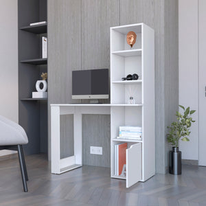 English Elm Office Desk Aragon with Integrated Four-Tier Bookcase and Concealed Lower Cabinet for Organized Workspaces White B092123142