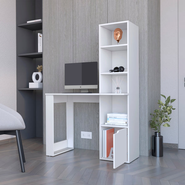 English Elm Office Desk Aragon with Integrated Four-Tier Bookcase and Concealed Lower Cabinet for Organized Workspaces White B092123142