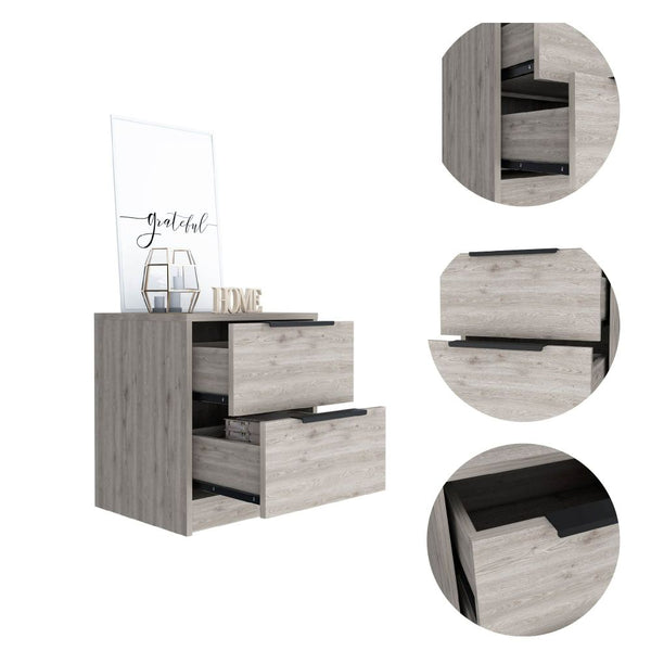 English Elm Nightstand Cervants - Modern Light Gray Two-Drawer Storage With Metal Handles For Compact Spaces B092123002