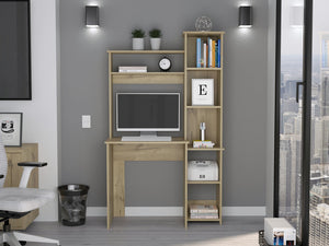 English Elm Desk Logan Light Oak Finish with Five Cubbies, Durable Particle Board Desk with Monitor Space and Shelves B092123016