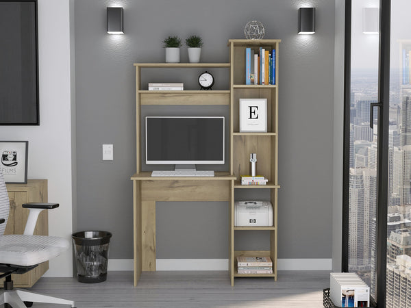 English Elm Desk Logan Light Oak Finish with Five Cubbies, Durable Particle Board Desk with Monitor Space and Shelves B092123016