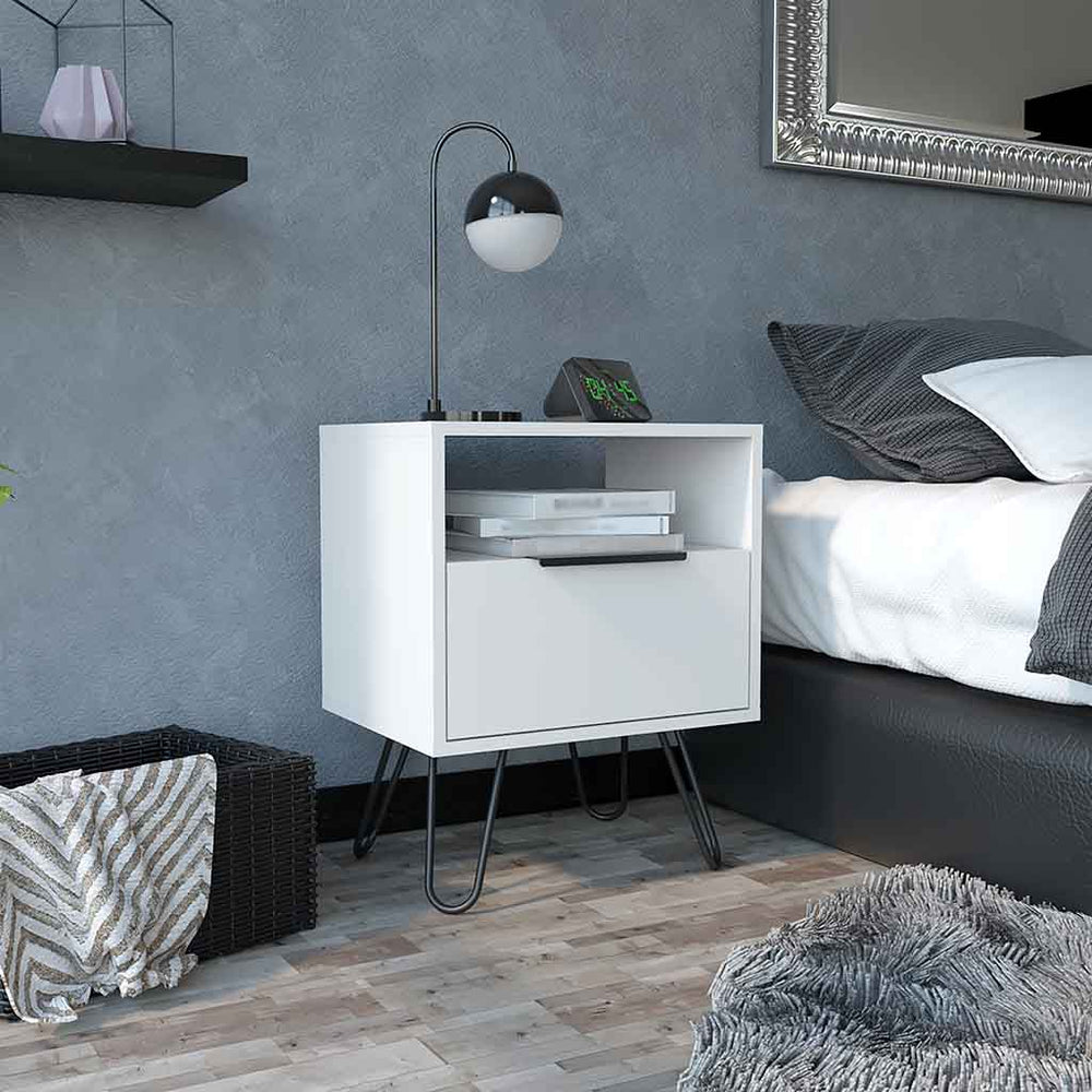 English Elm Nightstand Skyoner: Modern White Storage Solution With Hairpin Legs For Minimalist Spaces & Style B092123078
