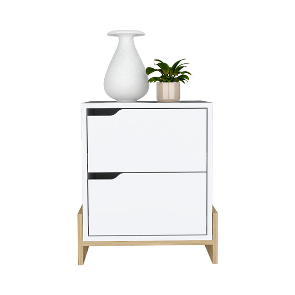 English Elm Nightstand Brookland: Chic Bedside Table With Double Drawers, Sturdy Base & White/Macadamia Finish B092123137