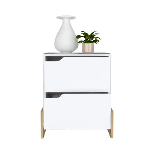 English Elm Nightstand Brookland: Chic Bedside Table With Double Drawers, Sturdy Base & White/Macadamia Finish B092123137