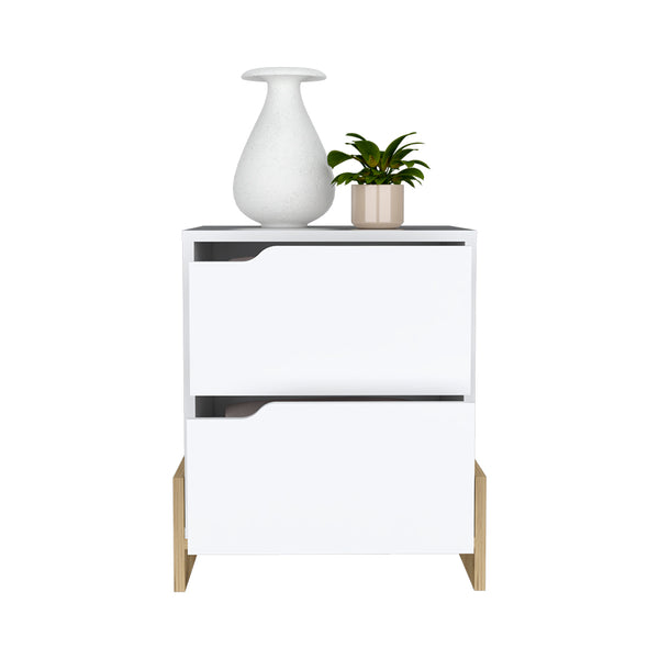 English Elm Nightstand Brookland: Chic Bedside Table With Double Drawers, Sturdy Base & White/Macadamia Finish B092123137