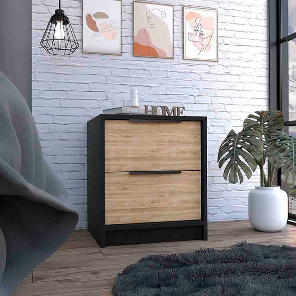 English Elm Nightstand With Two Drawers, Sleek Metal Handles, Black Wengue & Pine Finish For Modern Bedrooms B092123001