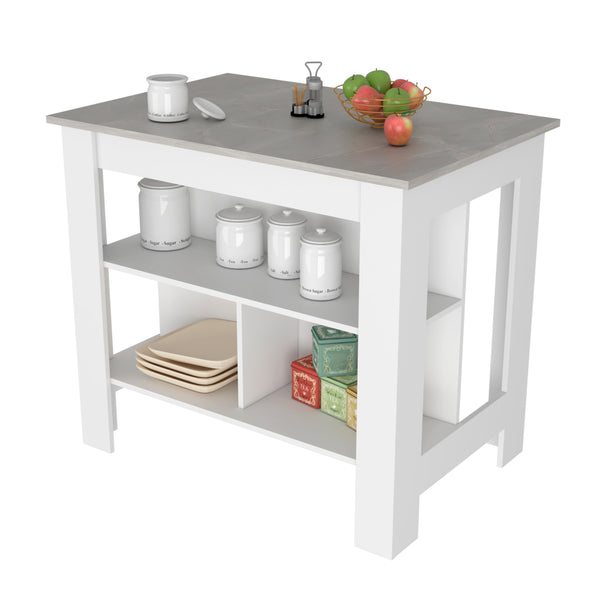 English Elm Kitchen Island Dozza - Stylish White Island With Ibiza Marble Finish And 3 Storage Shelves For Easy Organization B092122910