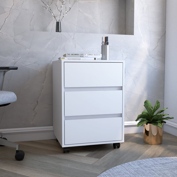 English Elm Three Drawer Mobile File Cabinet with 3 Locking Wheels, Roller Glide, White Particleboard Storage B092122979