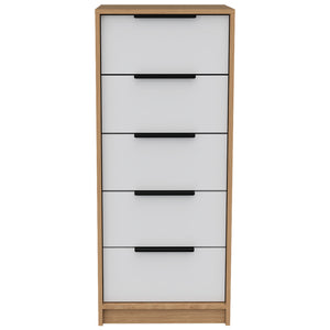 English Elm 5 Drawers Dresser - Stylish White & Pine Storage Solution With Metal Handles For Compact Spaces B092122995