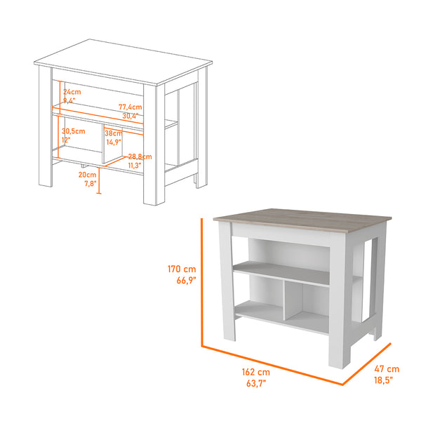 English Elm Kitchen Island Antibacterial Dozza - Stylish Light Gray & White Finish With 3 Storage Shelves B092122914