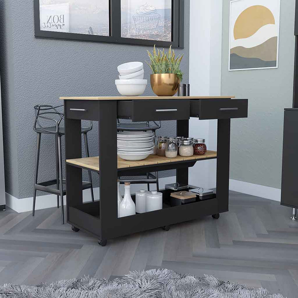 English Elm Kitchen Island 46 Inches Dozza – Mobile Storage With Drawers & Open Shelves In Black Wenge Finish B092123278