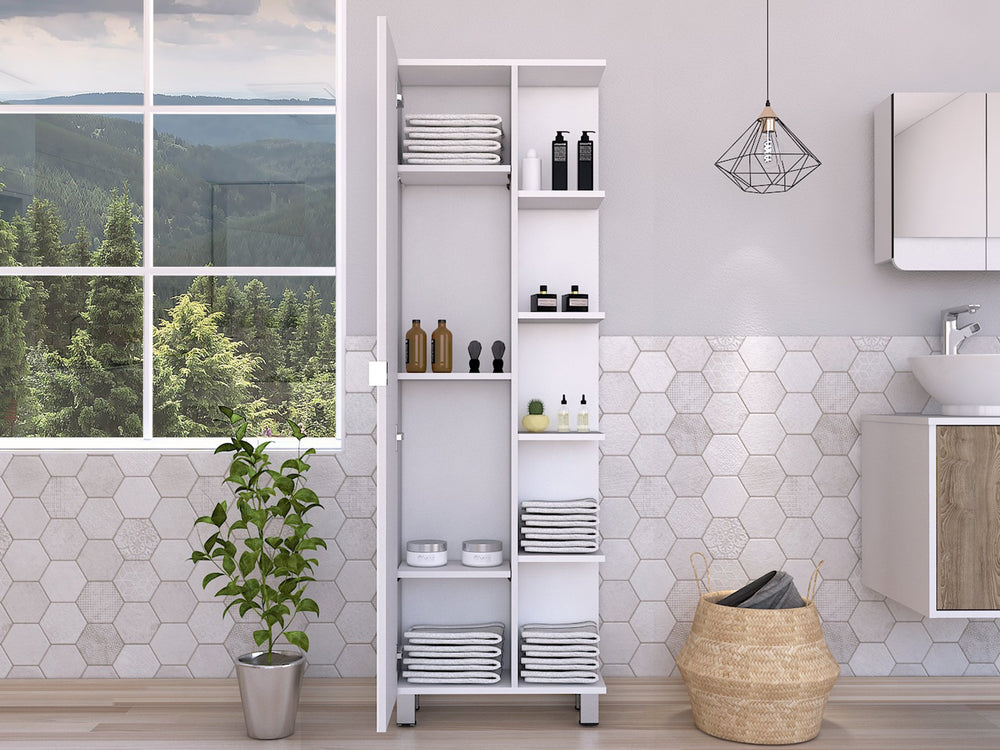 English Elm Corner Cabinet Womppi White Corner Storage Tower with 5 Open Shelves, Single Door & Metal Legs, Durable Finish B092122988