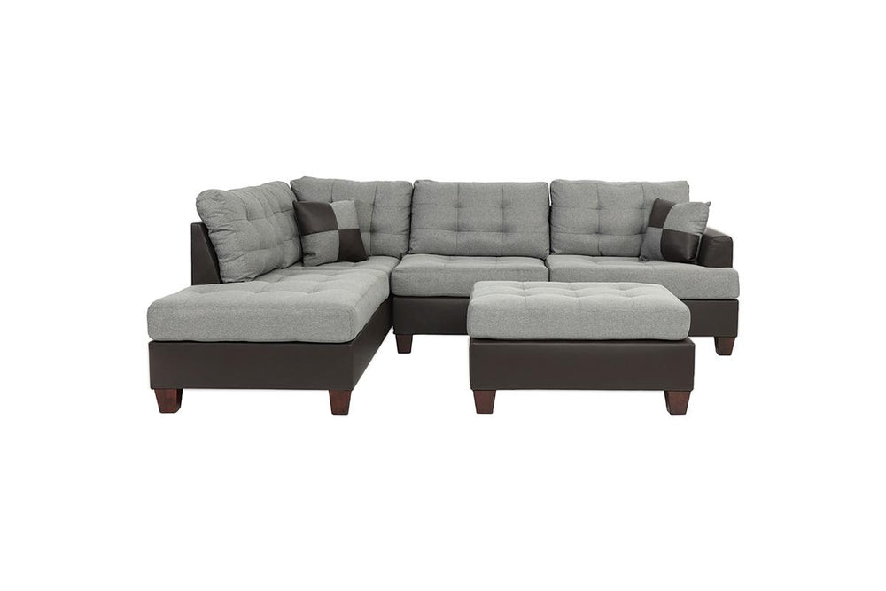 English Elm Contemporary 3-Piece Sectional Sofa with Tufted Faux Leather, Reversible Chaise and Cocktail Ottoman Grey 81 L x 33 W x 14 H B011S00311