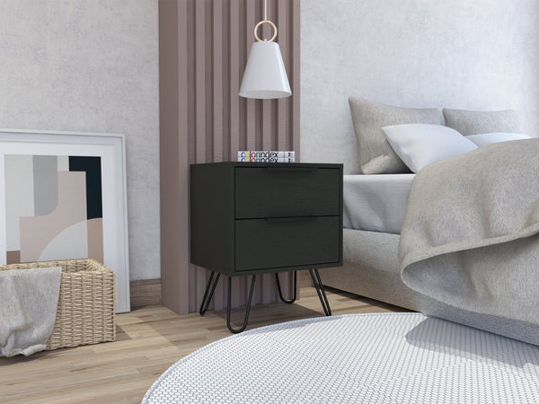 English Elm Nightstand Skyoner 2 - Modern Hairpin Leg Design, Two Drawer Storage, Black Wenge Finish For Style B092123071