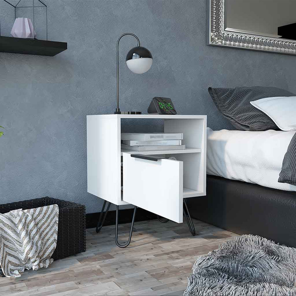 English Elm Nightstand Skyoner: Modern White Storage Solution With Hairpin Legs For Minimalist Spaces & Style B092123078