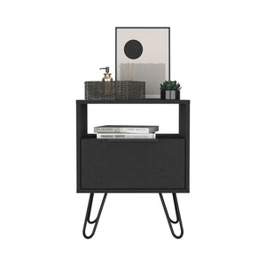 English Elm Nightstand Skyoner - Modern Industrial Design With Single Drawer, Hairpin Legs, Black Wenge Finish B092123075