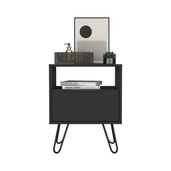 English Elm Nightstand Skyoner - Modern Industrial Design With Single Drawer, Hairpin Legs, Black Wenge Finish B092123075