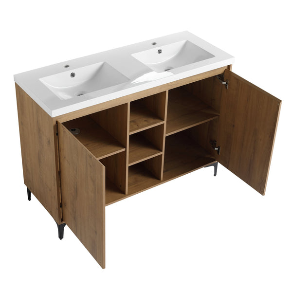 English Elm 48" Freestanding Bathroom Vanity Double Sink with Soft-Close Doors, Resin Twin Basins, Water-Resist Ply W999S00104