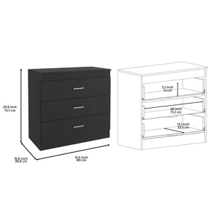 English Elm Three Drawer Dresser Lial with Durable Particle Board, Metal Hardware, Wengue Finish, Sleek Design Black B092122972