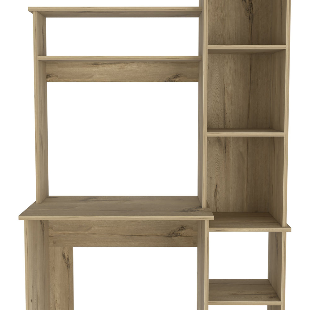 English Elm Desk Logan Light Oak Finish with Five Cubbies, Durable Particle Board Desk with Monitor Space and Shelves B092123016