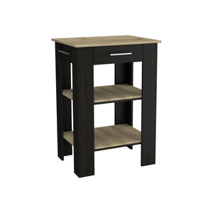 English Elm Kitchen Island 23 Inches Dozza With Single Drawer and Two-Tier Shelves, Black Wengue / Light Oak Finish