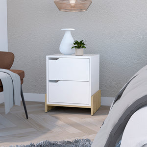 English Elm Nightstand Brookland, Bedside Table With Double Drawers and Sturdy Base, White / Macadamia Finish