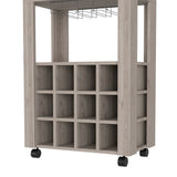 English Elm Bar Cart Bayamon, Twelve Wine Cubbies, Four Legs, Light Gray Finish