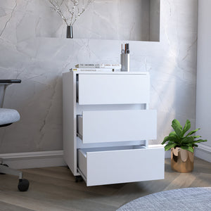 English Elm Three Drawer Mobile File Cabinet with 3 Locking Wheels, Roller Glide, White Particleboard Storage B092122979
