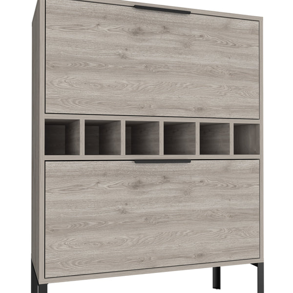 English Elm Bar Cabinet Puertu Light Gray, Six Wine Cubbies & Double Doors, Durable Particle Board, 38.97"L B092123057