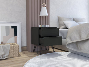 English Elm Nightstand Skyoner 2 - Modern Hairpin Leg Design, Two Drawer Storage, Black Wenge Finish For Style B092123071