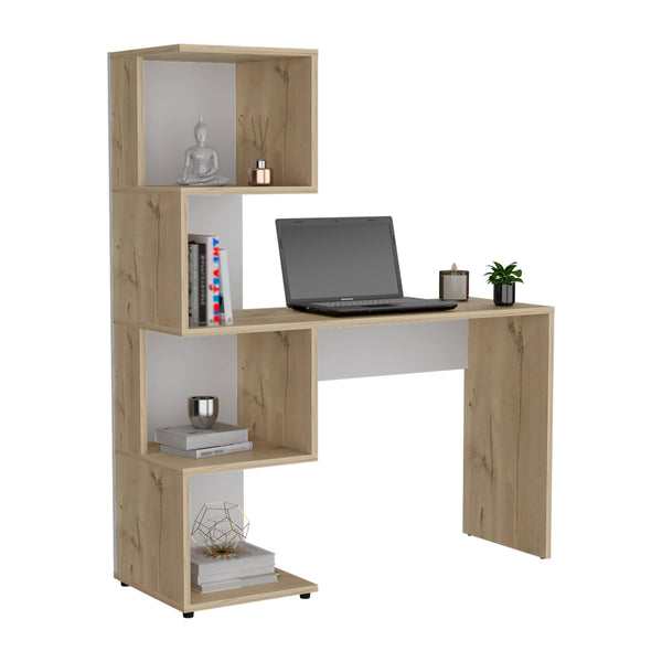 English Elm Computer Desk Jayess - Stylish Light Oak & White Workspace With Four-Tier Storage For Organization B092123160