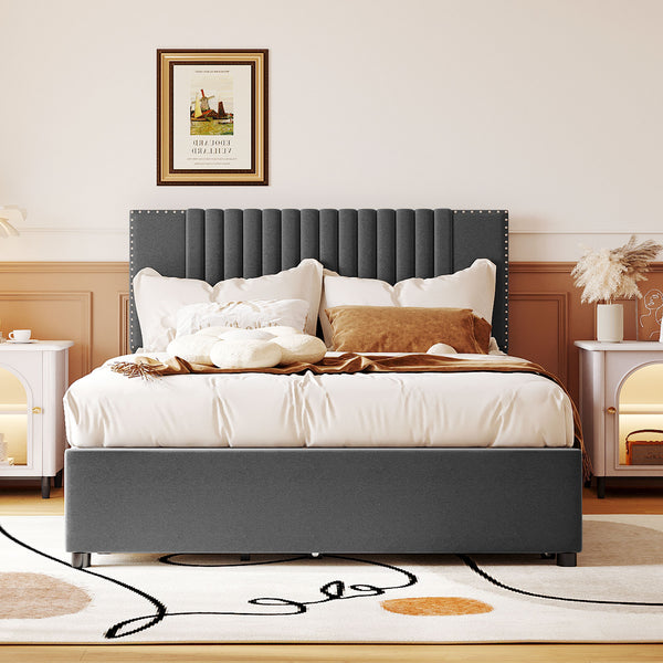 English Elm Full Upholstered Platform Bed with Two Drawers and Twin Trundle, Classic Padded Headboard, Storage-Friendly Design for Small Bedrooms and Guests Gray SF000014AAE