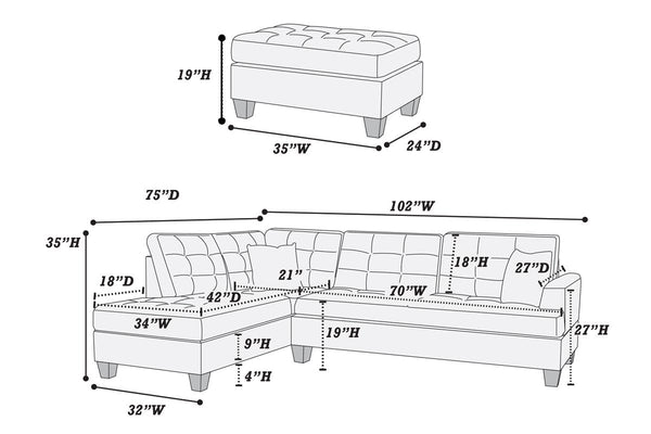 English Elm Contemporary 3-Piece Sectional Sofa with Tufted Faux Leather, Reversible Chaise and Cocktail Ottoman Espresso 81 L x 33 W x 14 H B011S00310