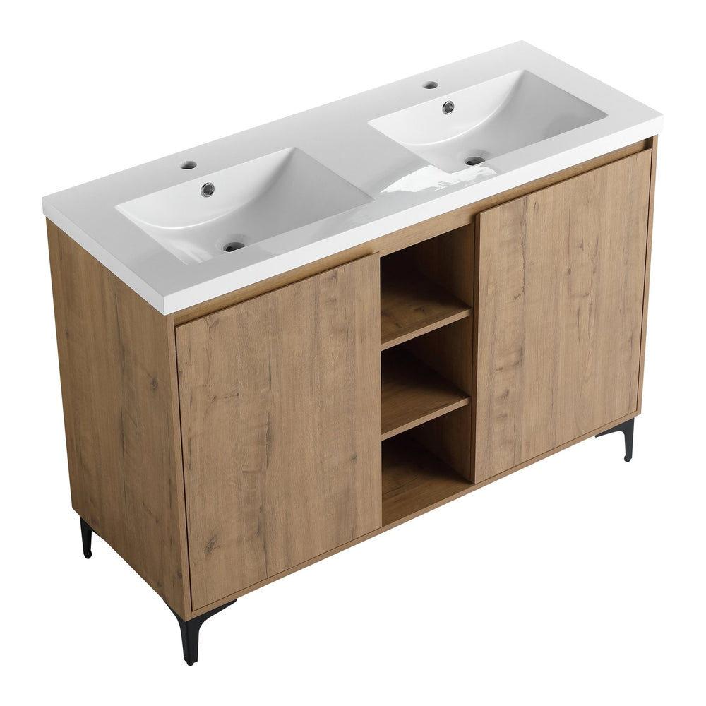 English Elm 48" Freestanding Bathroom Vanity Double Sink with Soft-Close Doors, Resin Twin Basins, Water-Resist Ply W999S00104