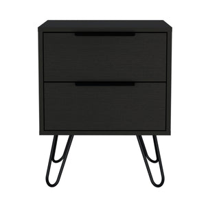 English Elm Nightstand Skyoner 2 - Modern Hairpin Leg Design, Two Drawer Storage, Black Wenge Finish For Style B092123071