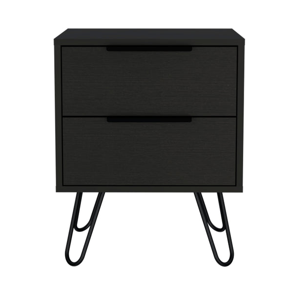 English Elm Nightstand Skyoner 2 - Modern Hairpin Leg Design, Two Drawer Storage, Black Wenge Finish For Style B092123071