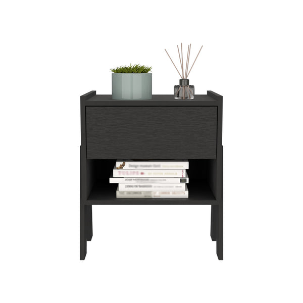 English Elm Nightstand Ferku: Modern Black Wengue Finish With Open Shelf & Smooth-Glide Drawer For Essentials B092122929