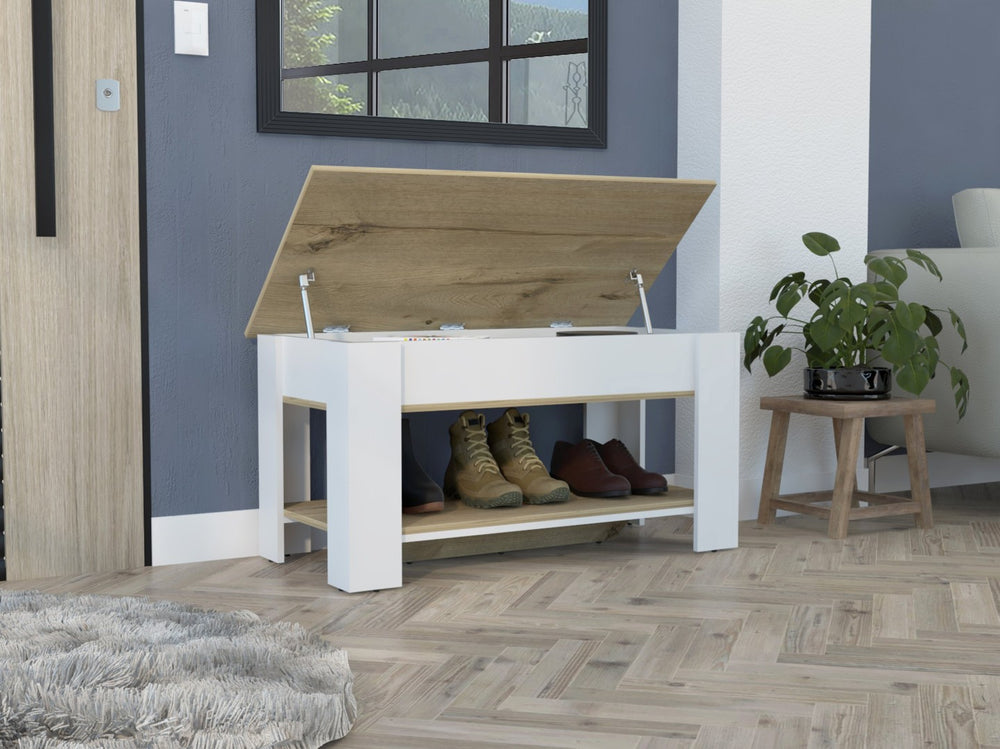 English Elm Storage Table Polgon - Modern Extendable Furniture With Liftable Top & Shoe Rack In Light Oak/White B092123049-GIGA