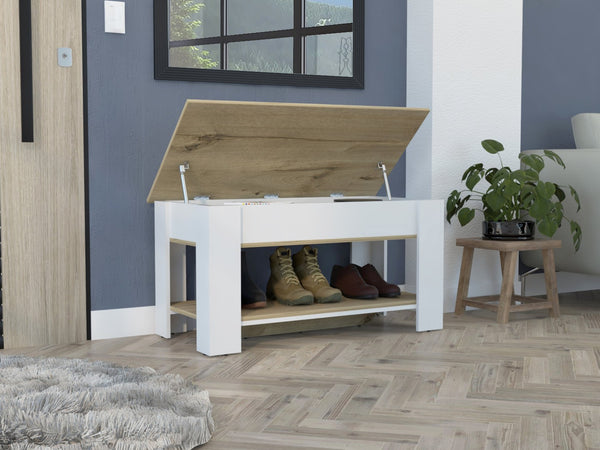 English Elm Storage Table Polgon - Modern Extendable Furniture With Liftable Top & Shoe Rack In Light Oak/White B092123049-GIGA