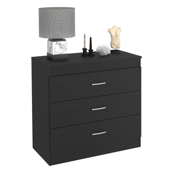 English Elm Three Drawer Dresser Lial with Durable Particle Board, Metal Hardware, Wengue Finish, Sleek Design Black B092122972